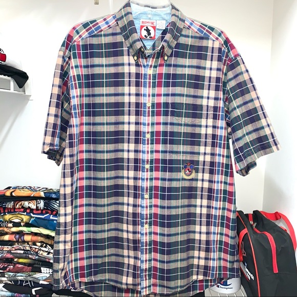 Vintage 90s Shirt Mens Mickey Disney Plaid Blue Red Madras Button Up L - Picture 1 of 6